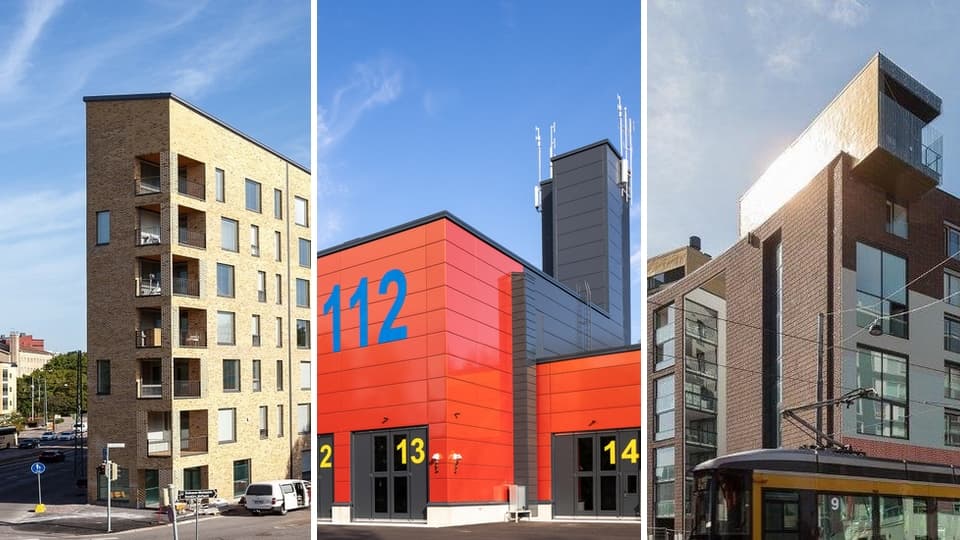 Useita erisävyisiä ja eri korkuisia rakennuksia. Rakennukset aina asuinkerrostalosta paloasemaan.