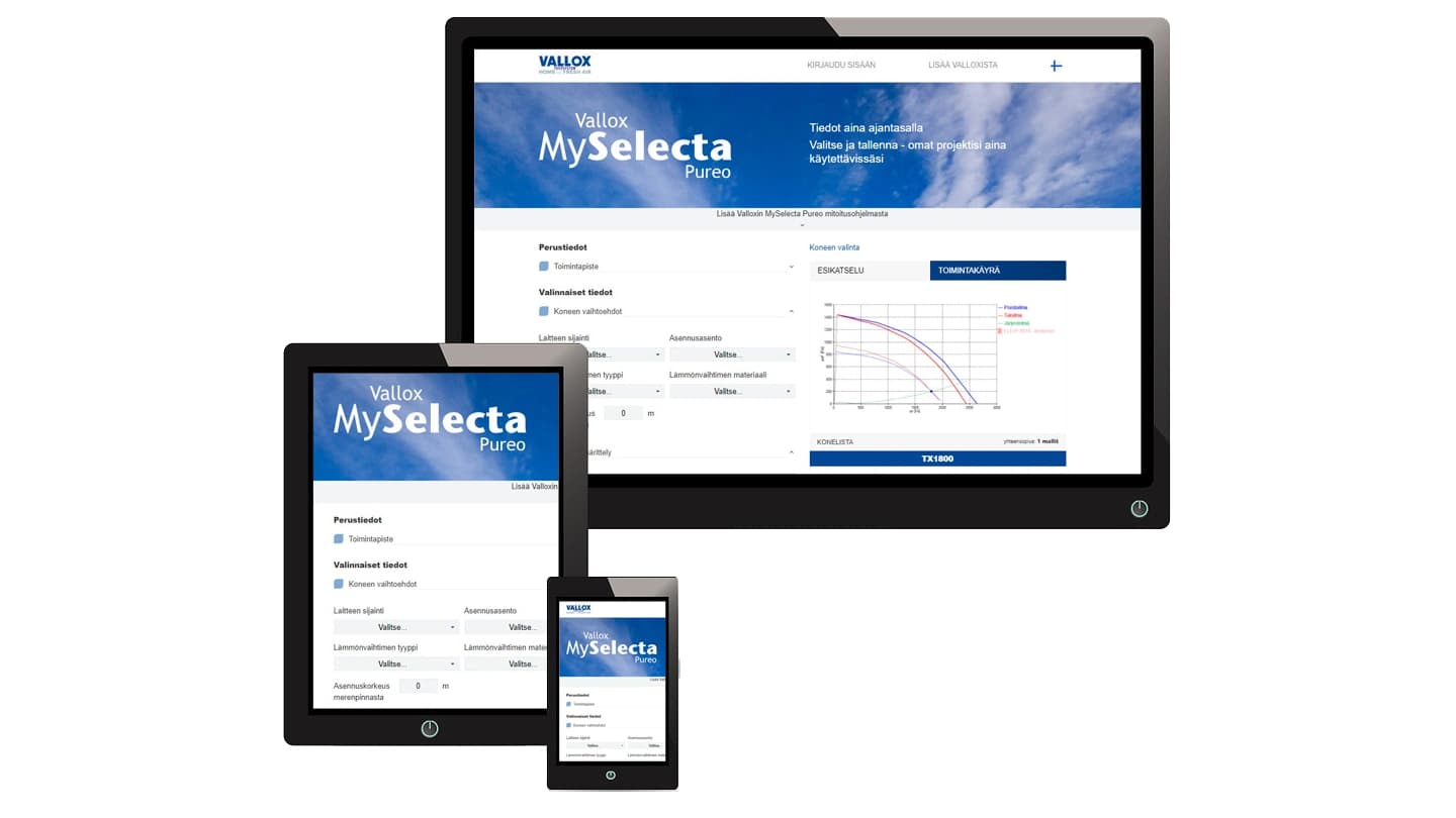 <p data-block-key="98g8k">Vallox Pureo -ilmankäsittelykoneiden mitoitus hoituu Vallox MySelecta Pureo -mitoitusohjelmalla.</p>