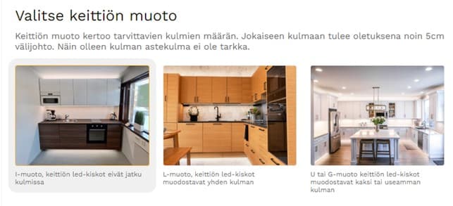 Kuva 2. Led-kiskon muoto voi olla suora I-muoto, kulmasta jatkuva L-muoto, tai useamman kulman sisältävä U tai G-muoto.