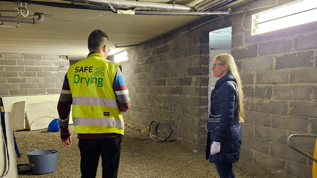 kaksi ihmistä seisoo kellarissa ja tarkastaa tilaa