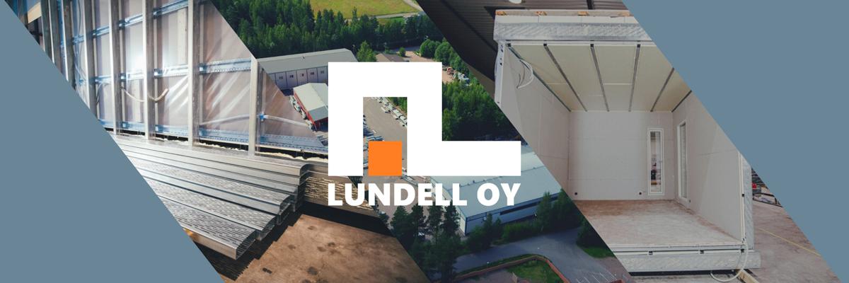 Aulis Lundell Oy:n banneri moduulitaloista jossa kaksi kuvaa moduulitalosta ja taustalla vihreä maisema