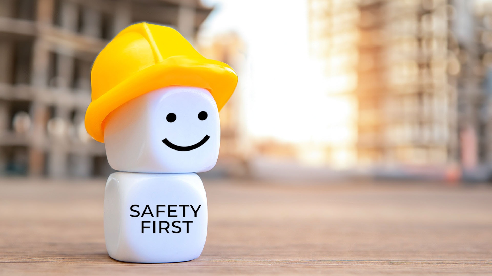 1920 kaksi valkoista kuutiota päällekkäin ylimmäisellä keltainen kypärä alemmassa lukee safety first