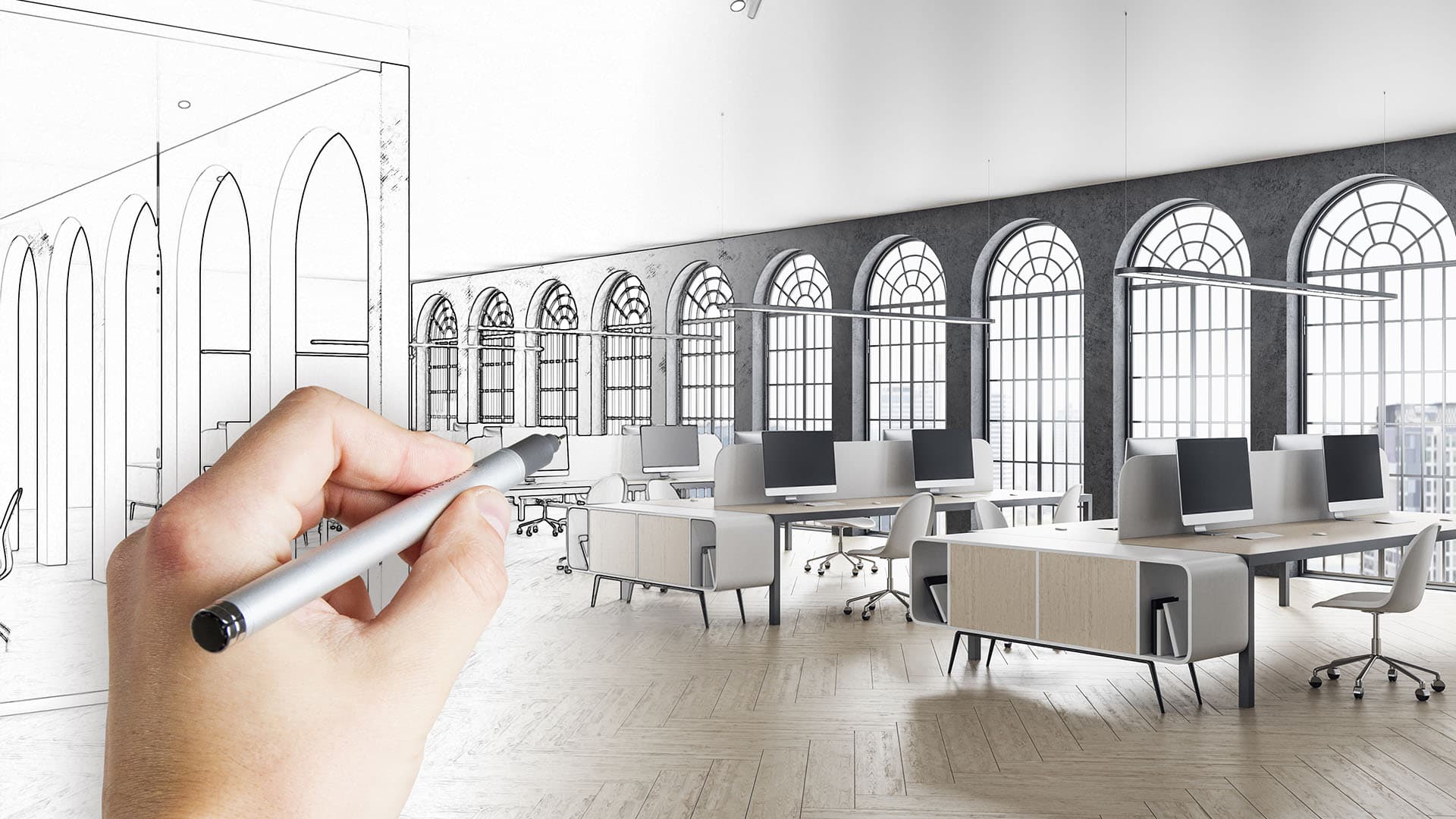 käsin piirrettävä modernin toimistotilan suunnittelu