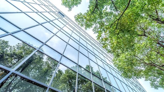 toimistorakennuksen lasinen julkisivu, johon heijastuu vihreälehtinen puu smartvatten