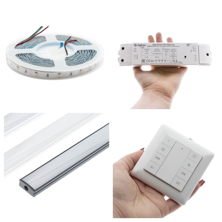 <p data-block-key="dewit">Seiniä ja kattoa kiertää 7,2 W/m 24V värilämpötilasäädettävä CCT, led-nauha mustassa alumiiniprofiilissa. Muuntajana 50W 24V Zigbee sekä sille sopiva langaton värilämpötilasäädinpainike.</p>