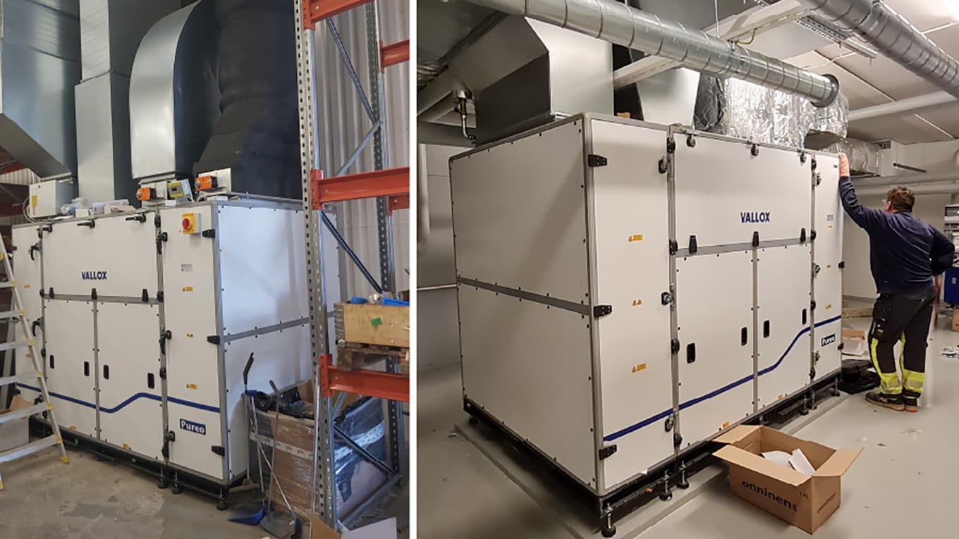 <p data-block-key="e9xof">Vasemmassa kuvassa olevalla metallipajalla ilmankäsittelykoneelle ei ollut saatavilla lämmintä vettä, joten suunnitteluvaiheessa siihen määriteltiin sähköinen jälkilämmitys. Pohjois-Suomessa sijaitsevan kohteen (oikeanpuoleinen kuva) koneeseen asennettiin sähköinen etulämmitys varmistamaan ilmanvaihdon toiminta kylminä talvijaksoina.</p>