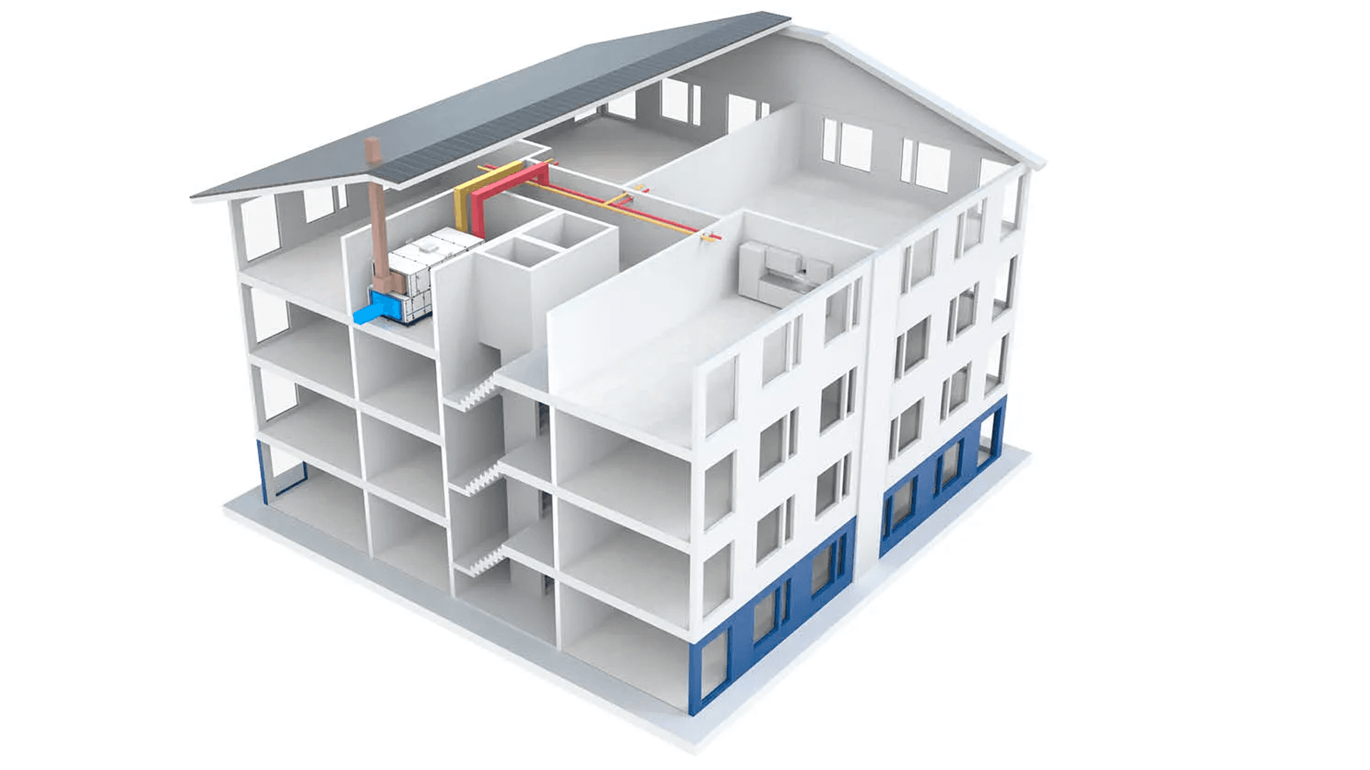 <p data-block-key="xwha4">Keskitetty ilmanvaihto: yksi suuri ilmankäsittelykone konehuoneessa, tyypillisesti vintillä, syöttää tuloilman ja kokoaa poistoilman yhteisillä kanavareiteillä, ja huolto onnistuu ilman käyntejä asunnoissa. (Kuva Vallox Oy)</p>