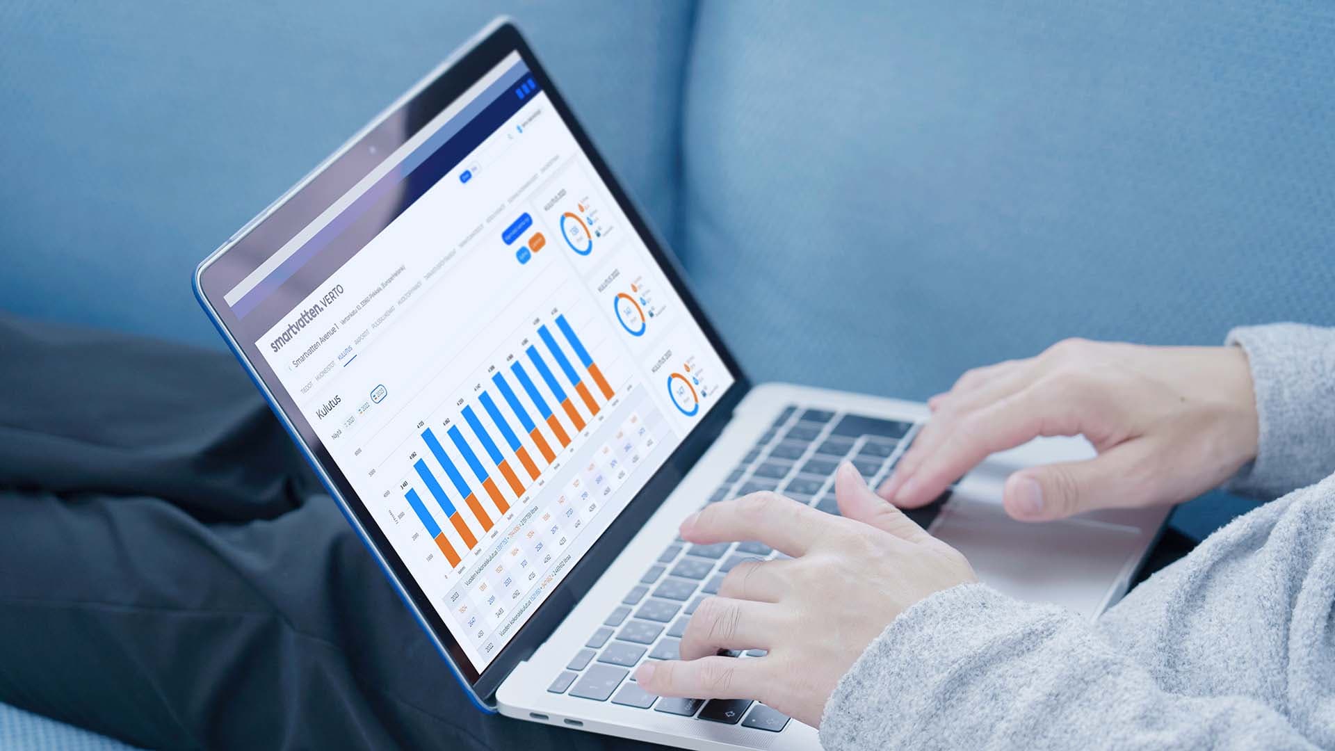 Smartvatten verto vedenkulutusdata on helposti seurattavissa tietokoneen ruudulta