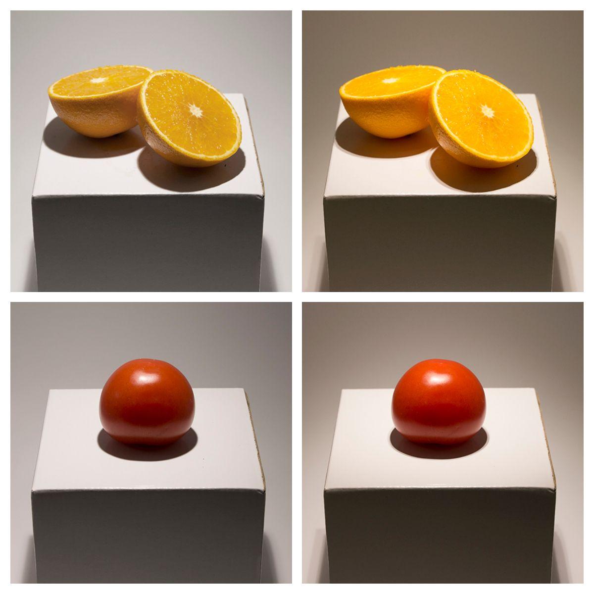 KUVA 3: Appelsiini ja tomaatti saavat oikeat sävynsä, kun niitä valaistaan korkean värintoiston led-lampulla. Vasemmanpuoleisissa kuvissa CRI on 80 ja oikeanpuoleisissa kuvissa CRI on 98. Kuvia ei ole käsitelty.