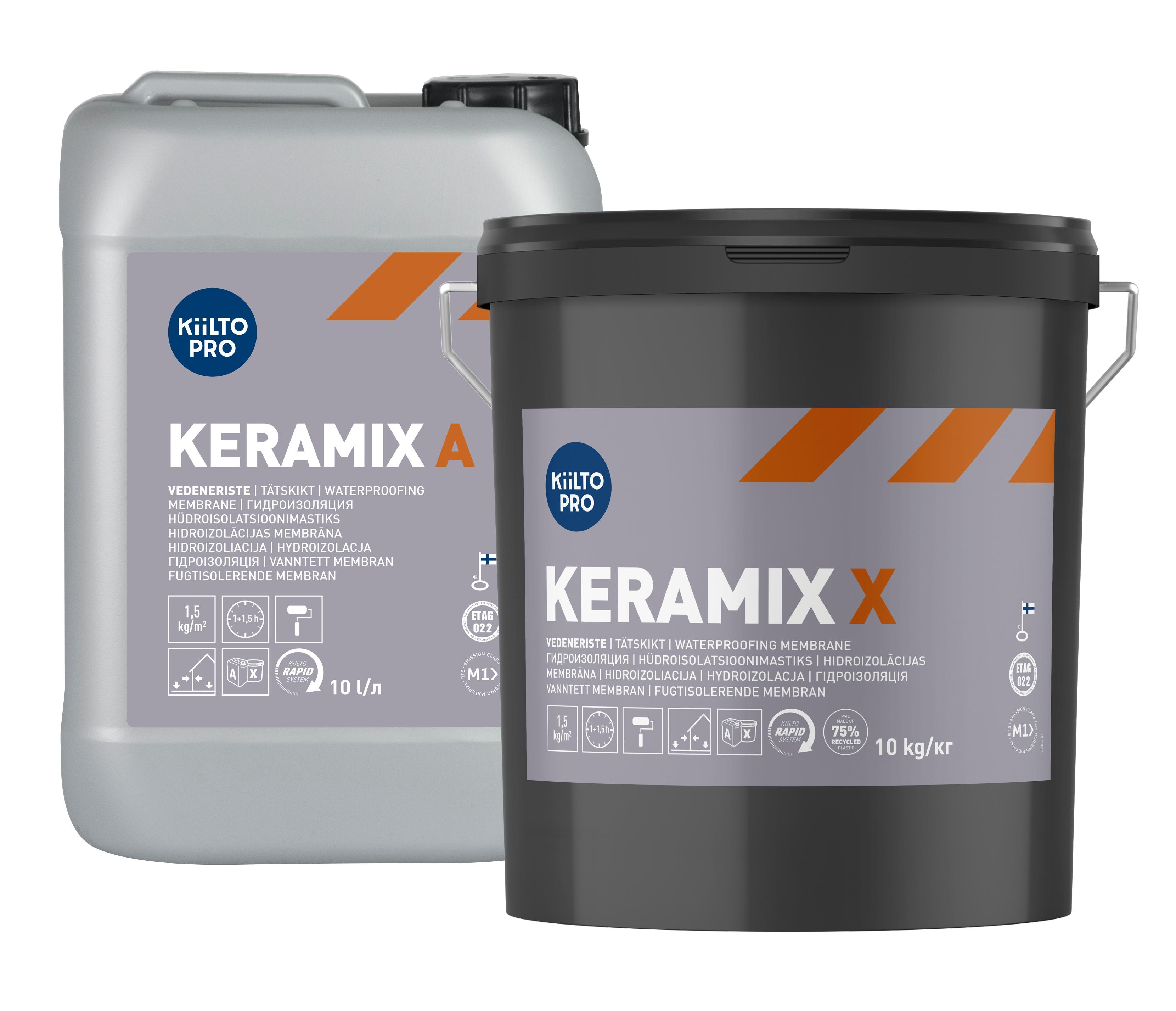 Kiilto Keramix A + X vesieristettä on saatavilla kahdessa 10 kg:n astiassa, jolloin komponentit ovat eri purkissa. Vaihtoehtona on myös 5 kg:n astia, jossa mukana molemmat komponentit.